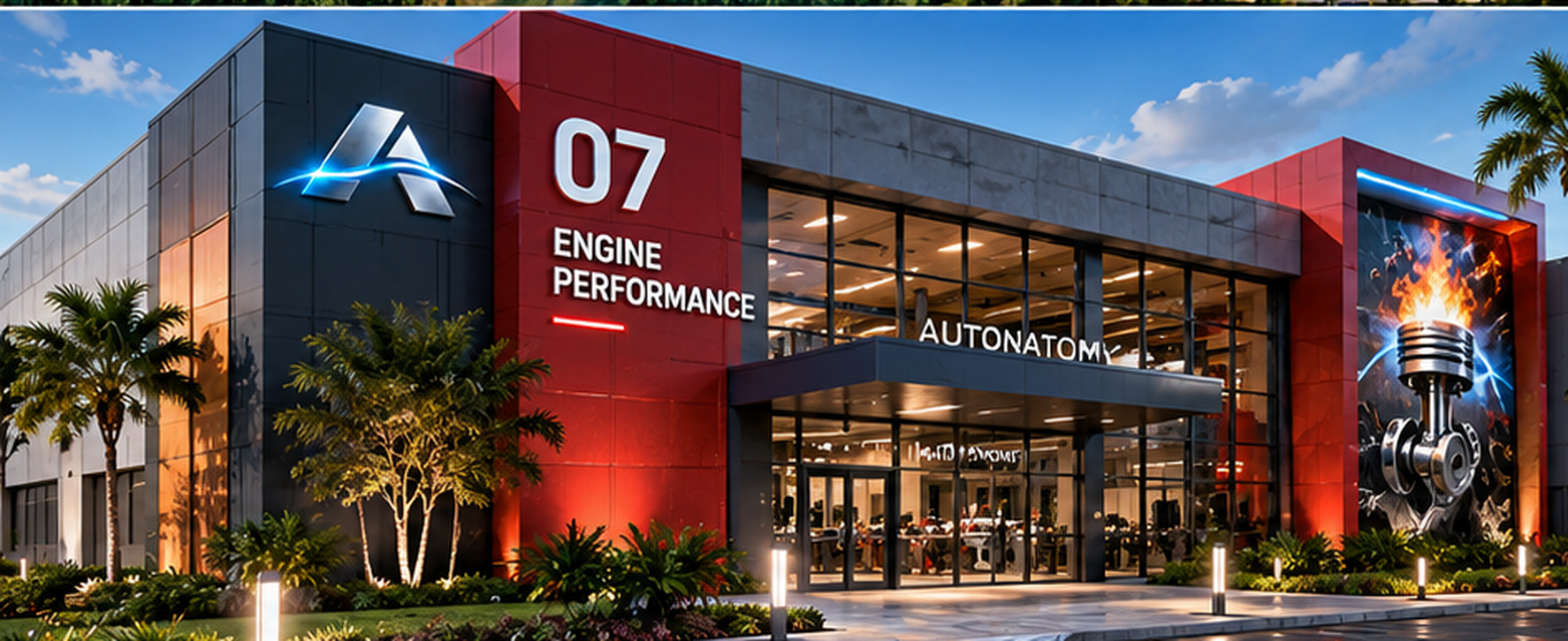Engine Performance building 07 with red performance accents, illuminated engine artwork and subtle Autonatomy A branding