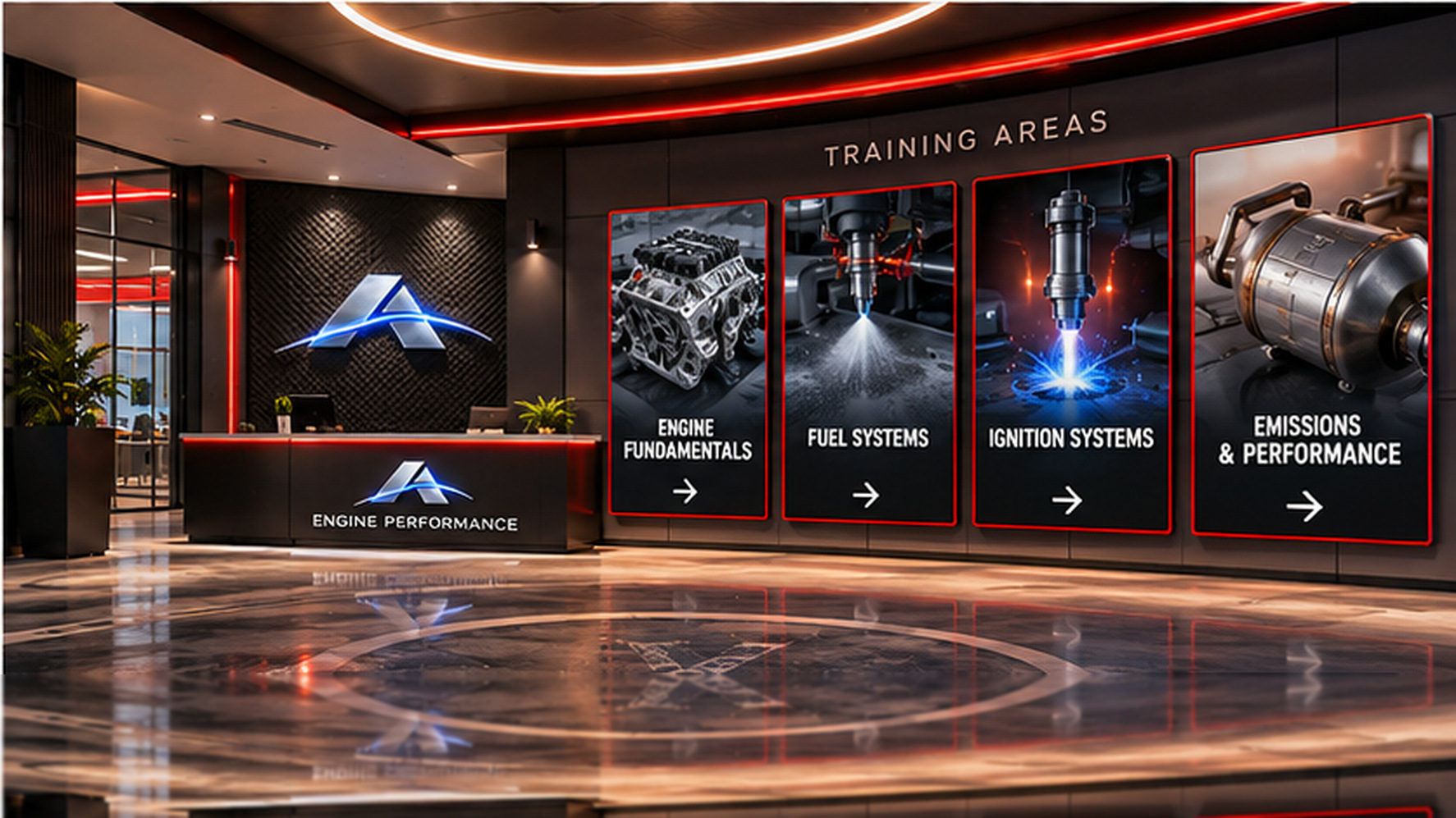 Engine Performance reception with four displays: engine fundamentals, fuel systems, ignition systems, emissions and performance