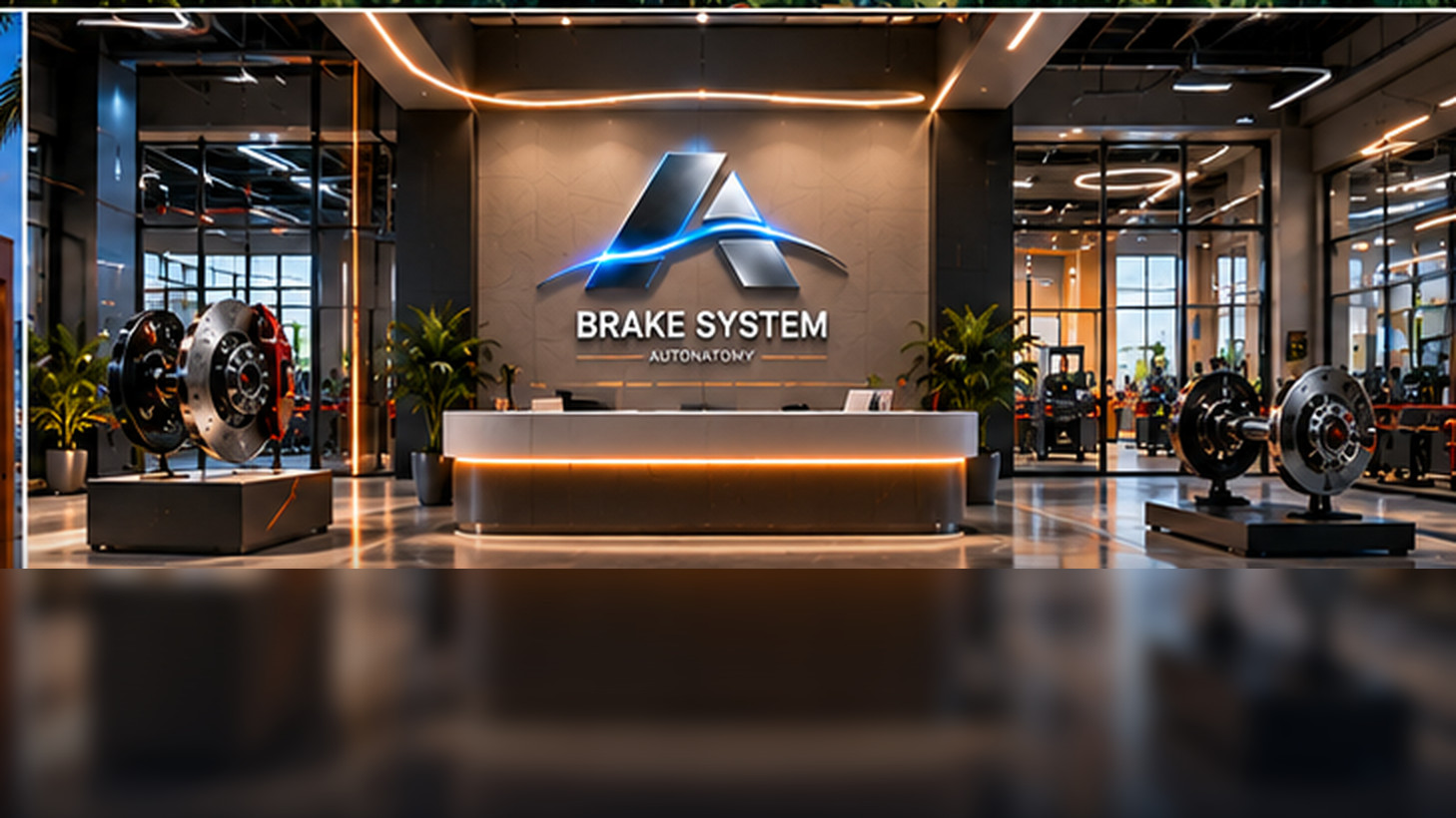 Brake System training institute reception with two disc brake exhibits, a clean front desk, and a single Autonatomy mark