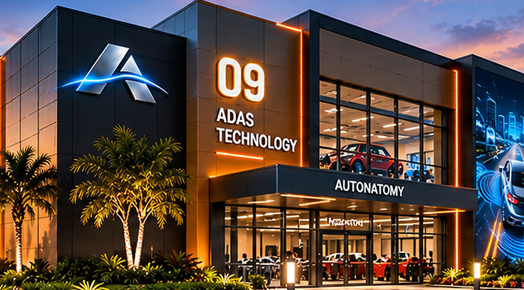 Building 09 ADAS Technology exterior, with dark glass and metal, sensor visualization, blue accent lighting and understated Autonatomy A identity