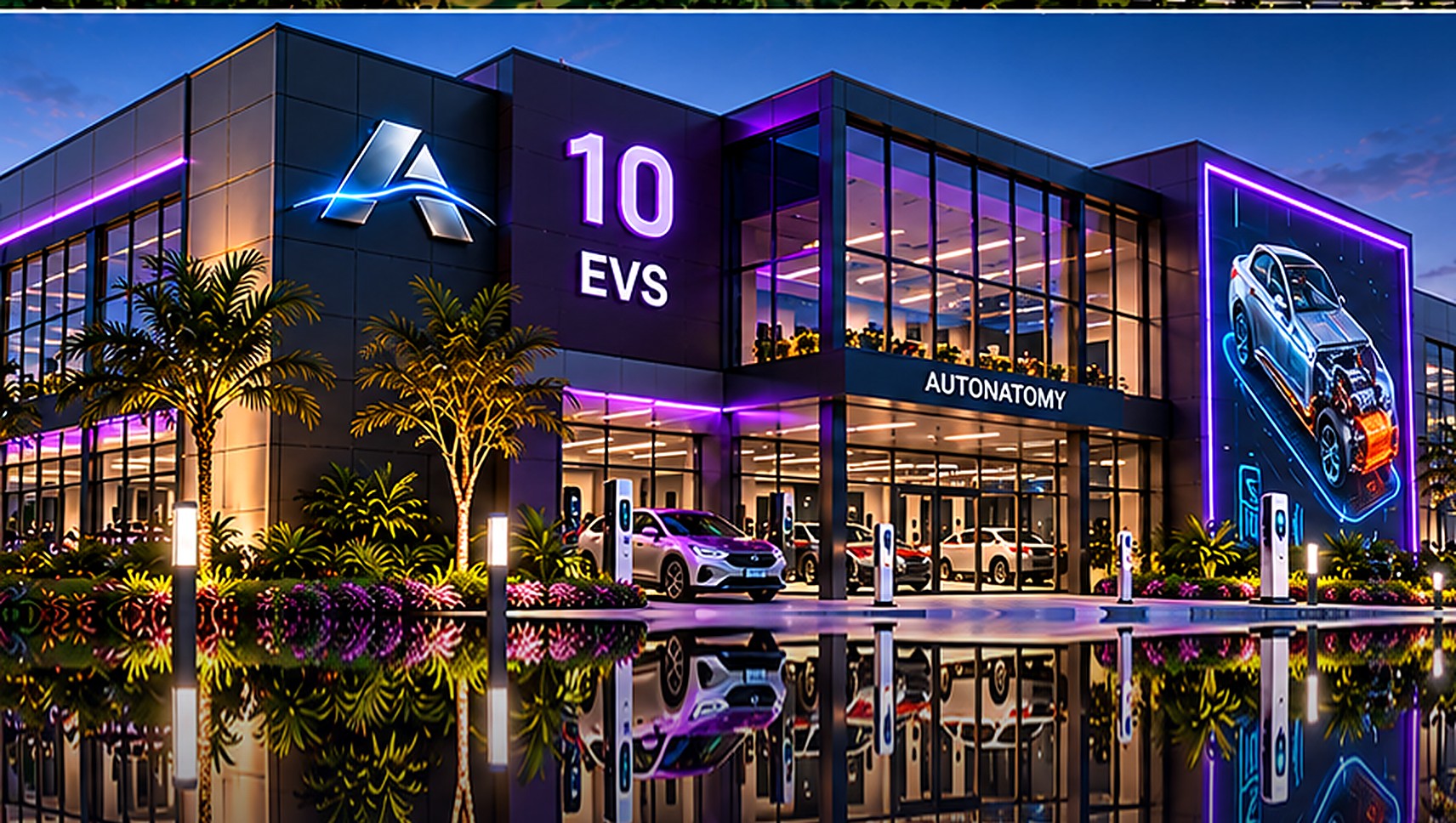 Electric Vehicles Building 10, a dark glass training academy with violet accents, EV charging pedestals, and subtle Autonatomy emblem