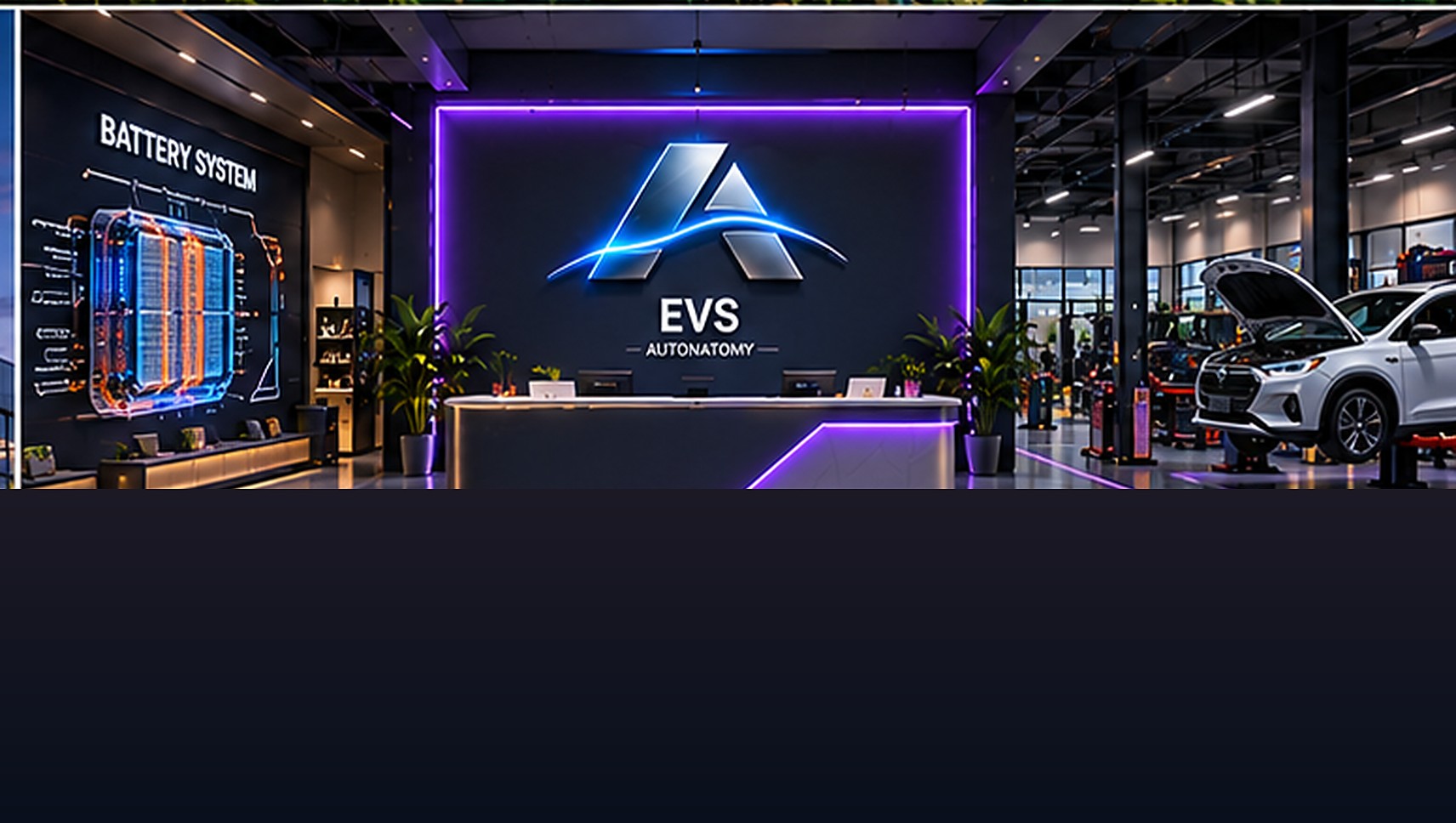 Electric Vehicles reception, modern purple illuminated front desk, battery system exhibit and EV workshop visible behind glass