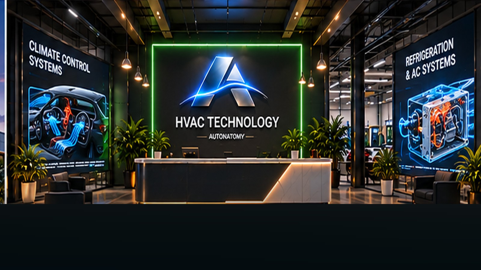 HVAC Technology reception desk, climate-control and refrigeration training exhibits, quiet green illuminated lobby