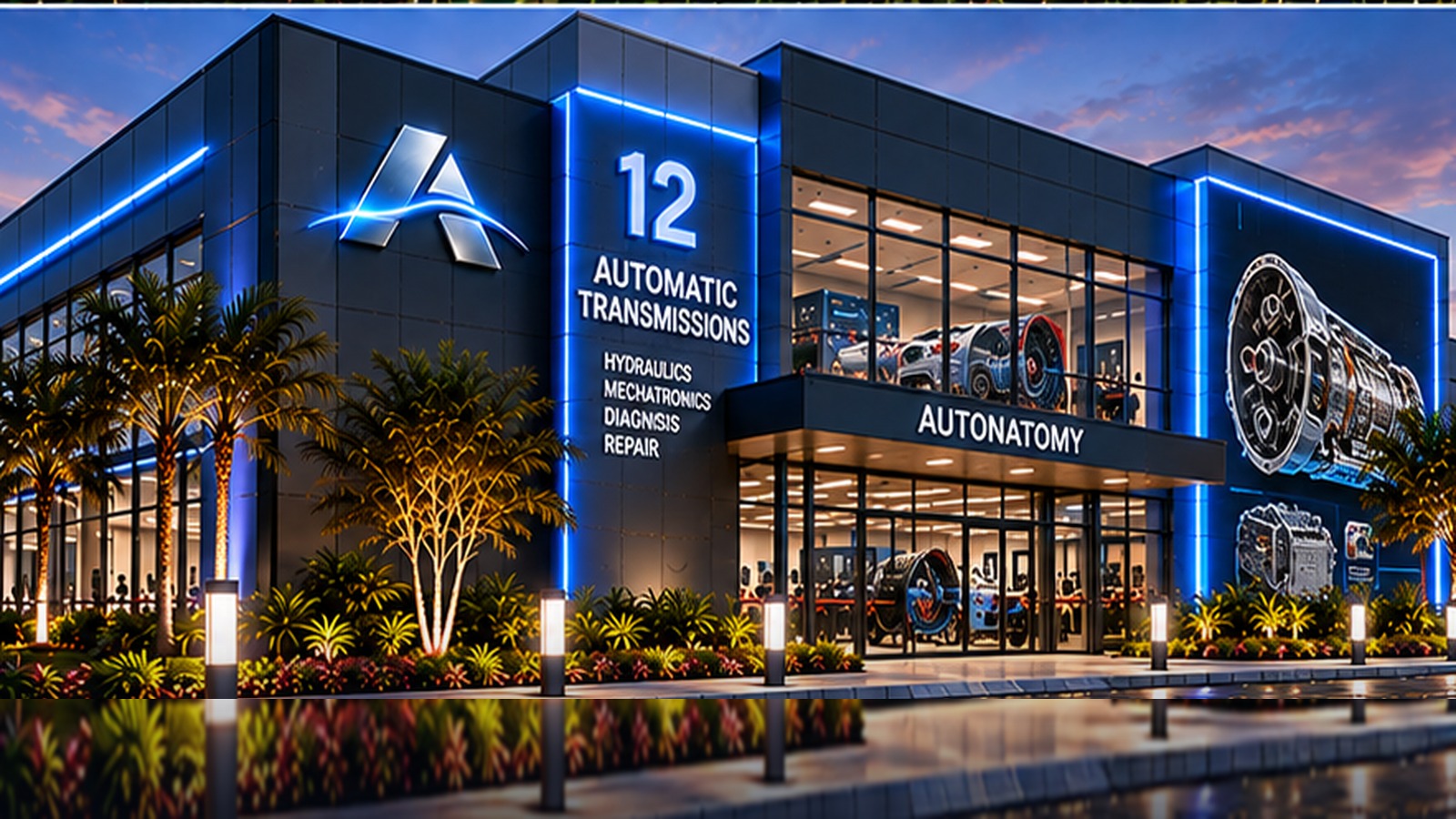 Building 12 Automatic Transmissions, glass and dark steel technical institute with blue-lit planetary transmission display