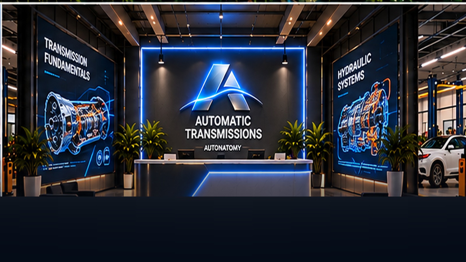 Automatic Transmissions reception with blue light, planetary gear displays, and advanced transmission laboratories visible beyond the desk