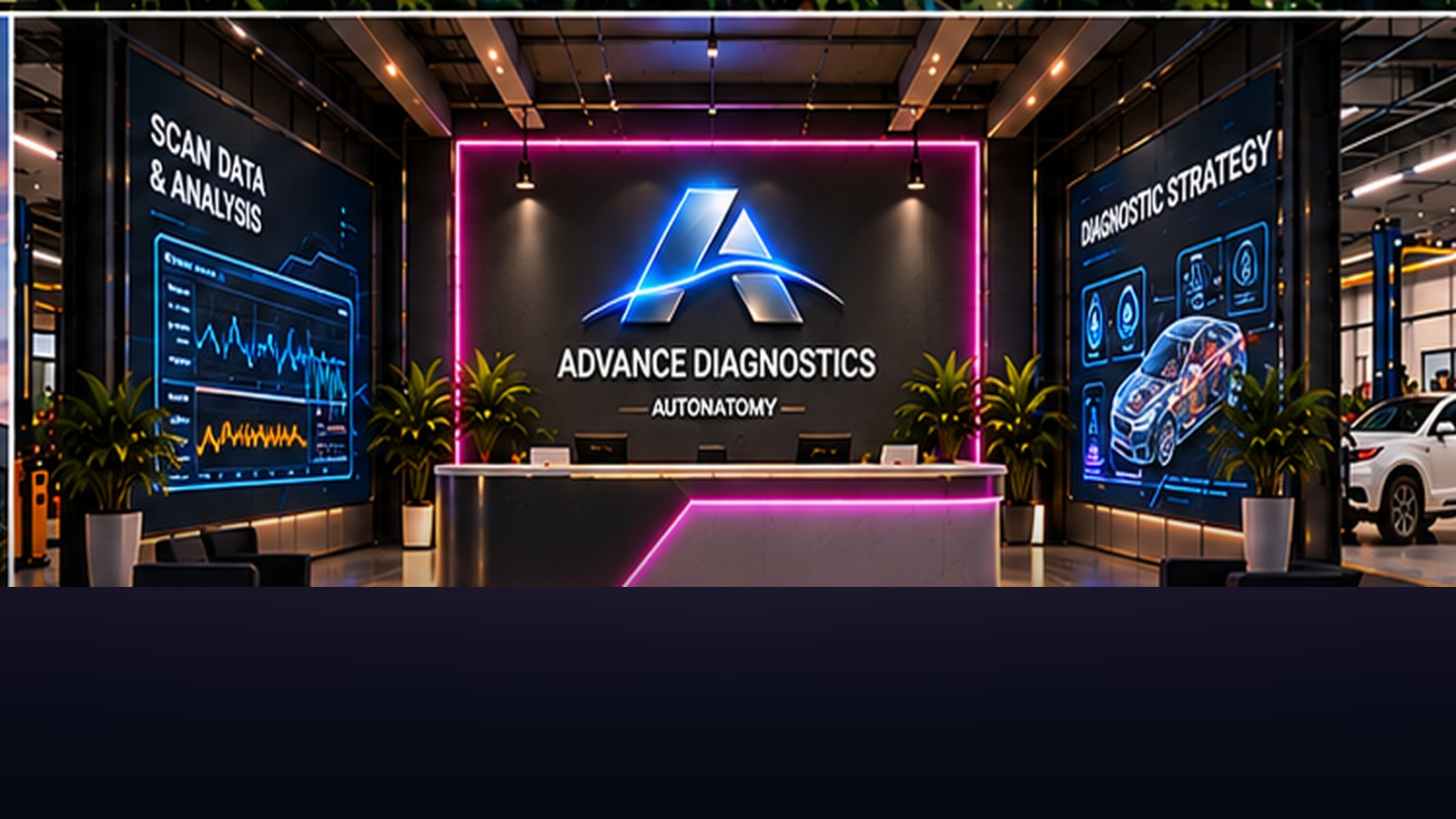 Advance Diagnostics reception with live waveform displays, a black-and-magenta front desk and technical laboratories